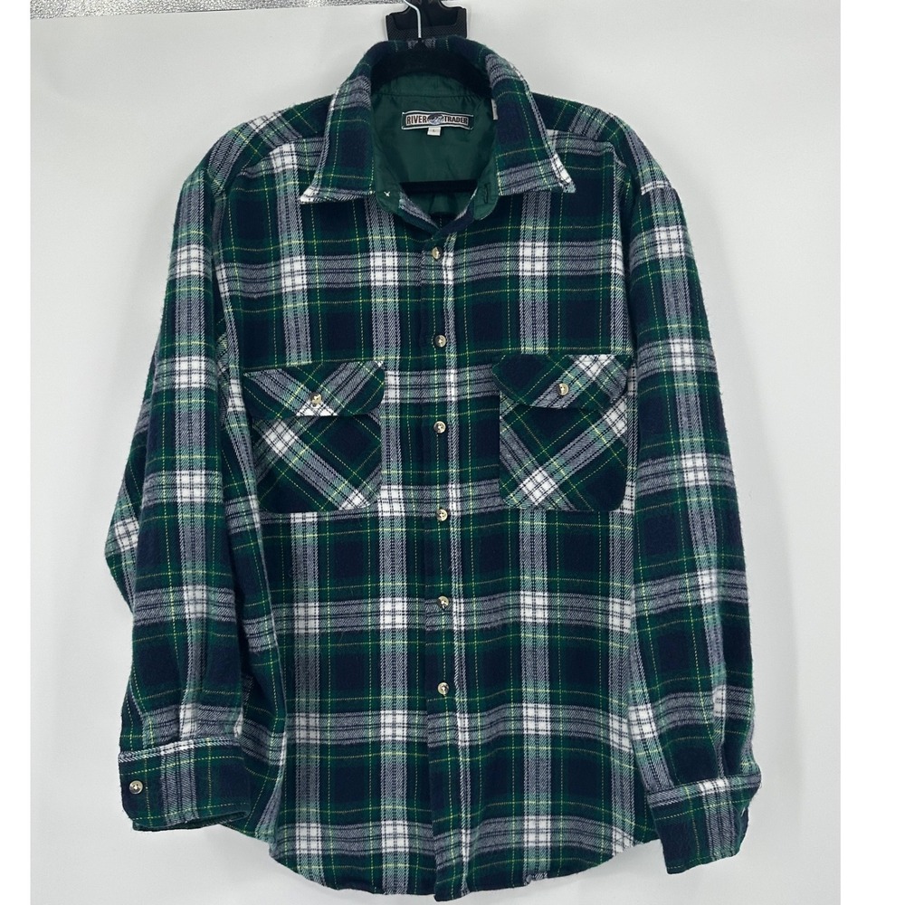 River Trader VTG Green Plaid Flannel Shirt Large Long Sleeve Button Down Acrylic
